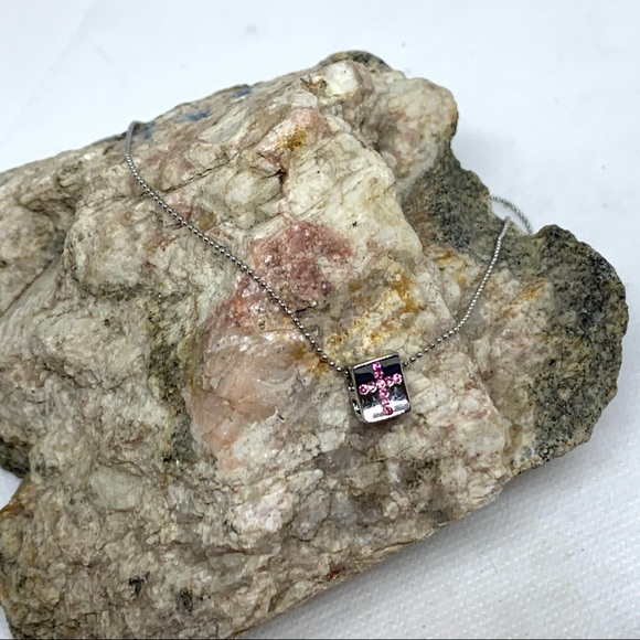 Silver Tone Ball Chain Pink Cross Slider Cube Pendant Necklace Very Sweet - Picture 4 of 7